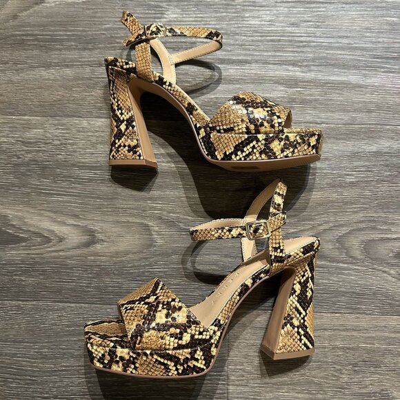 Katy Perry Size 8 38 Square Platform Sandals Snake Print Brown Tan Chunky Heels - Picture 2 of 14